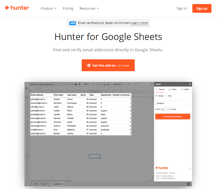 hunter-google-sheets